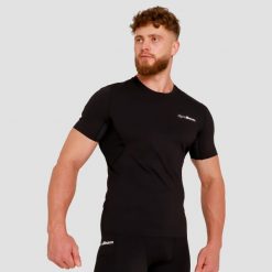Koszulka męska fitness kompresyjna slim High. Czarne odzież kompresyjna GYMBEAM, l, bez wzorów, z elastanu, na fitness i siłownię. Za 94.90 zł.