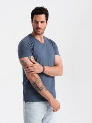 Męska klasyczna bawełniana koszulka z dekoltem w serek BASIC – niebieski melanż V18 OM-TSBS-0145 - XXL. Niebieskie t-shirty Ombre Clothing, l, bez wzorów, z bawełny, bez kołnierzyka, bez ramiączek. W wyprzedaży za 24.99 zł.