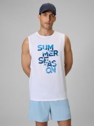 4F Koszulka bez rękawów regular z nadrukiem męska - biała S. Białe bezrękawniki 4F, m, bez wzorów, z bawełny, bez kołnierzyka, bez ramiączek. Za 59.99 zł.