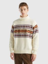 Benetton Wełniany sweter w kolorze kremowym ze wzorem rozmiar: L. Brązowe golfy Benetton, l, bez wzorów, z wełny, bez ramiączek. Za 128.25 zł.