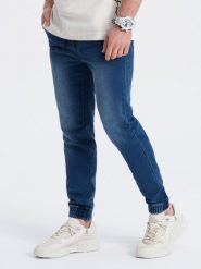 Spodnie męskie jeansowe JOGGER SLIM FIT - ciemnoniebieskie V3 OM-PADJ-0134 - XL. Niebieskie joggery i bojówki Ombre Clothing, l, bez wzorów, z bawełny. W wyprzedaży za 79.99 zł.