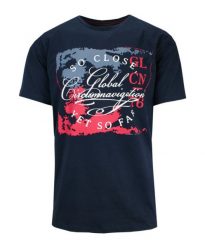 T-Shirt Męski Granatowy z Nadrukiem, Napisy, Koszulka, Krótki Rękaw, U-neck. Niebieskie bluzki z długim rękawem MCL, l, bez wzorów, z bawełny, bez kołnierzyka, bez ramiączek. Za 119.00 zł.