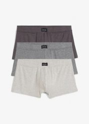 Bokserki hipster z bawełną (3 pary). Szare bokserki bonprix, m, bez wzorów, z bawełny. Za 74.97 zł.