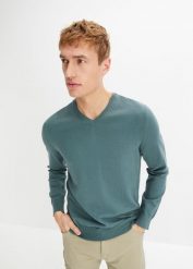 Cienki sweter z miękkiej mieszanki bawełny. Zielone swetry nierozpinane bonprix, m, bez wzorów, z bawełny, bez kołnierzyka, bez ramiączek. Za 79.99 zł.