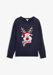 Sweter z bożonarodzeniowym motywem. Niebieskie swetry nierozpinane bonprix, m, bez wzorów, bez kołnierzyka, bez ramiączek. Za 109.99 zł.