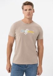 Bawełniany t-shirt T-NECOS. Brązowe t-shirty Volcano, l, bez wzorów, z bawełny, bez kołnierzyka, bez ramiączek. Za 59.99 zł.