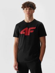 4F T-shirt regular z nadrukiem męski - czarny L. Czarne t-shirty 4F, l, bez wzorów, z bawełny, bez kołnierzyka, bez ramiączek. Za 59.99 zł.