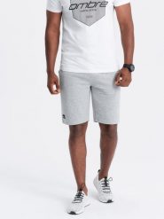 Krótkie męskie spodenki dresowe z dzianiny ottoman – szare V2 OM-SRSK-0150 - XXL. Szare krótkie spodenki sportowe Ombre Clothing, l, z aplikacjami, z bawełny. W wyprzedaży za 39.99 zł.