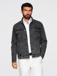 Męska kurtka jeansowa katana z washem – czarna V3. Czarne kurtki Ombre Clothing, m, bez wzorów, z bawełny, bez kaptura. Za 339.99 zł.