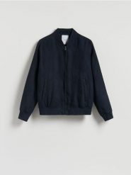 Kurtka bomberka z imitacji zamszu - granatowy. Niebieskie kurtki Reserved, l, bez wzorów, z tkaniny, bez kaptura. Za 239.99 zł.