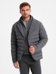 Pikowana kurtka męska o kroju marynarki – grafitowa V2 OM-JALP-0188 - XXL. Szare kurtki Ombre Clothing, l, z aplikacjami, z gumy, bez kaptura. W wyprzedaży za 169.99 zł.