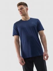 4F Koszulka treningowa regular z materiału z recyklingu męska - granatowa S. Niebieskie t-shirty 4F, m, bez wzorów, z dzianiny, bez kołnierzyka, bez ramiączek. W wyprzedaży za 39.99 zł.