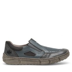 Półbuty Rieker. Niebieskie eleganckie półbuty Rieker, bez wzorów, bez obcasa, bez zapięcia. Za 279.99 zł.