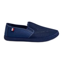 Męskie Ażurowe Tenisówki Trampki Granatowe Koboru niebieskie. Niebieskie trampki m, w ażurowe wzory, bez zapięcia. Za 96.24 zł.