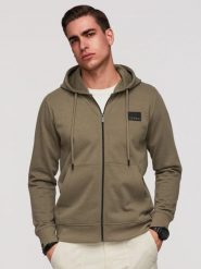 Rozpinana bluza męska dresowa z kapturem i patchem – oliwkowa V4 - Rozmiar: XXL. Zielone bluzy Ombre Clothing, m, bez wzorów, z bawełny, z kapturem. Za 169.99 zł.