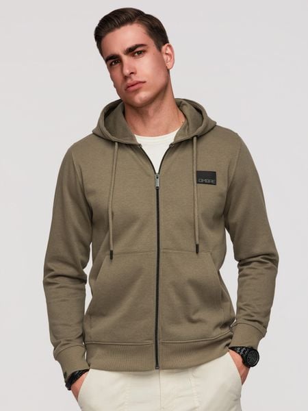 Rozpinana bluza męska dresowa z kapturem i patchem – oliwkowa V4 - Rozmiar: XXL. Zielone bluzy Ombre Clothing, m, bez wzorów, z bawełny, z kapturem. Za 169.99 zł.