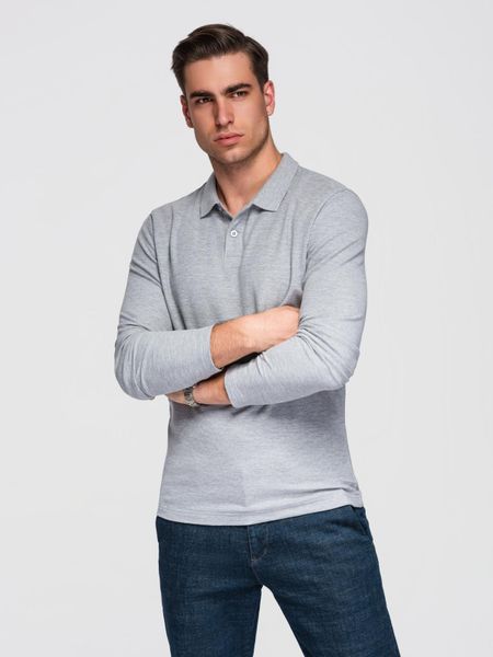 Męski longsleeve z kołnierzykiem polo BASIC – szary melanż V4 - Rozmiar: M. Szare bluzki z długim rękawem Ombre Clothing, m, bez wzorów, z bawełny, bez kołnierzyka, bez ramiączek. Za 169.99 zł.
