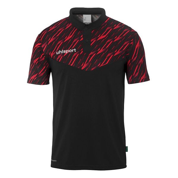 Polo Uhlsport Progressive 28. Czarne koszulki polo Uhlsport, bez wzorów, bez kołnierzyka, bez ramiączek, do piłki nożnej. Za 180.00 zł.