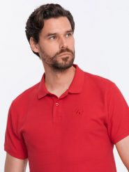 Koszulka męska polo z dzianiny pique - czerwony V22 S1374 - XXL. Czerwone koszulki polo sportowe Ombre Clothing, l, bez wzorów, z bawełny, bez kołnierzyka, bez ramiączek. W wyprzedaży za 39.99 zł.