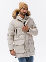 Kurtka męska zimowa parka z kieszeniami cargo - ecru V1 - Rozmiar: XXL. Kurtki Ombre Clothing, na zimę, m, bez wzorów, z poliesteru, bez kaptura. W wyprzedaży za 199.99 zł.