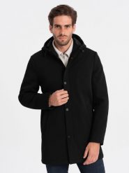 Męski ocieplany płaszcz z kapturem i krytym zamkiem - czarny V1 OM-COWC-0110 - XXL. Czarne płaszcze Ombre Clothing, m, bez wzorów, z poliesteru, z kapturem. W wyprzedaży za 299.99 zł.
