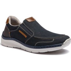 Półbuty RIEKER - B8952-17 Blau. Niebieskie eleganckie półbuty Rieker, bez wzorów, z materiału, bez obcasa, bez zapięcia. W wyprzedaży za 179.00 zł.