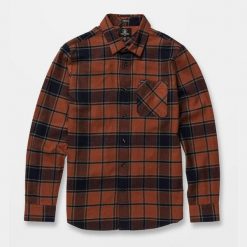 Koszula Volcom Caden w kratę mocha. Brązowe koszule Volcom, m, bez wzorów, bez kołnierzyka, bez ramiączek. Za 338.36 zł.