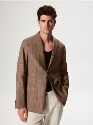 Lniana marynarka regular fit - brązowy. Brązowe marynarki Reserved, l, bez wzorów. W wyprzedaży za 159.99 zł.