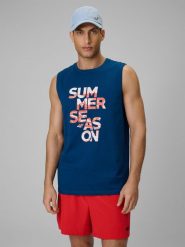 4F Koszulka bez rękawów regular z nadrukiem męska - turkusowa M. Niebieskie bezrękawniki 4F, m, bez wzorów, z bawełny, bez kołnierzyka, bez ramiączek. Za 59.99 zł.