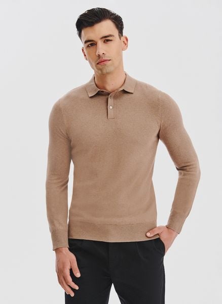 PAKO LORENTE - Sweter polo z kaszmirem. Brązowe swetry nierozpinane Pako Lorente, na jesień, m, bez wzorów, z bawełny, bez kołnierzyka, bez ramiączek. Za 279.99 zł.