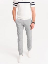 Spodnie męskie chino z ozdobną taśmą w pasie SLIM FIT – szare V6 OM-PACP-0118 - M. Szare eleganckie spodnie Ombre Clothing, na co dzień, m, z bawełny, casualowe. W wyprzedaży za 179.99 zł.