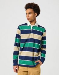WRANGLER MĘSKA KOSZULKA LS RUGBY POLO NAVY STRIPE 112357371 W7B6014008. Niebieskie koszulki polo Wrangler, m, bez wzorów, bez kołnierzyka, bez ramiączek. Za 89.99 zł.