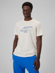 4F T-shirt regular z nadrukiem męski - beżowy S. Brązowe t-shirty 4F, m, bez wzorów, z bawełny, bez kołnierzyka, bez ramiączek. Za 59.99 zł.