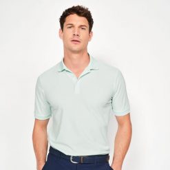 Koszulka polo do golfa z krótkim rękawem męska Inesis WW500. Niebieskie koszulki polo sportowe INESIS, l, bez wzorów, z materiału, bez kołnierzyka, bez ramiączek, na golfa. Za 79.99 zł.