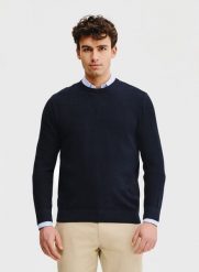 PAKO LORENTE – Granatowy sweter męski. Niebieskie swetry nierozpinane Pako Lorente, na wiosnę, m, bez wzorów, z bawełny, bez kołnierzyka, bez ramiączek. Za 139.99 zł.