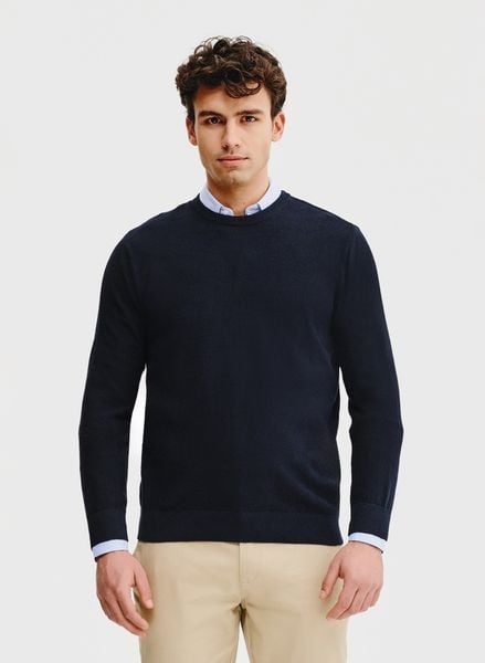 PAKO LORENTE – Granatowy sweter męski. Niebieskie swetry nierozpinane Pako Lorente, na wiosnę, m, bez wzorów, z bawełny, bez kołnierzyka, bez ramiączek. Za 139.99 zł.