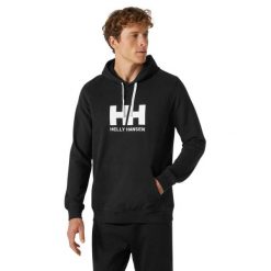 Bluza sportowa męska Helly Hansen Logo. Czarne bluzy z kapturem Helly Hansen, m, bez wzorów, z bawełny, z kapturem. W wyprzedaży za 271.15 zł.