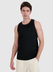 4F Tank top regular gładki męski - czarny L. Czarne bezrękawniki 4F, l, bez wzorów, z bawełny, bez kołnierzyka, bez ramiączek. Za 49.99 zł.