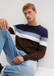 Sweter z dzianiny o splocie drobnych oczek, we wzór colourblocking, z bawełny. Niebieskie swetry nierozpinane bonprix, l, bez wzorów, z bawełny, bez kołnierzyka, bez ramiączek. Za 112.99 zł.