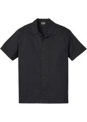 Koszula z krótkim rękawem, z domieszką lnu, Loose Fit. Czarne koszule bonprix, l, bez wzorów, bez kołnierzyka, bez ramiączek. Za 109.99 zł.
