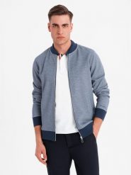 Bluza męska bomberka z dzianiny pique – granatowa V2 - Rozmiar: L. Niebieskie bluzy Ombre Clothing, l, bez wzorów, z bawełny, bez kaptura. W wyprzedaży za 164.99 zł.