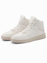 Męskie buty sneakersy z wysoką cholewką – białe V1. Białe buty sportowe casual Ombre Clothing, bez wzorów, z materiału, przed kolano, bez zapięcia. W wyprzedaży za 187.49 zł.