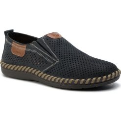 Półbuty RIEKER B2465-14. Niebieskie eleganckie półbuty Rieker, bez wzorów, z nubiku, bez obcasa, bez zapięcia. W wyprzedaży za 199.99 zł.