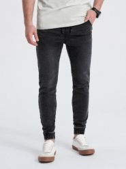 Spodnie męskie jeansowe JOGGER SLIM FIT - grafitowe V2. Szare joggery i bojówki Ombre Clothing, l, bez wzorów, z bawełny. W wyprzedaży za 79.99 zł.