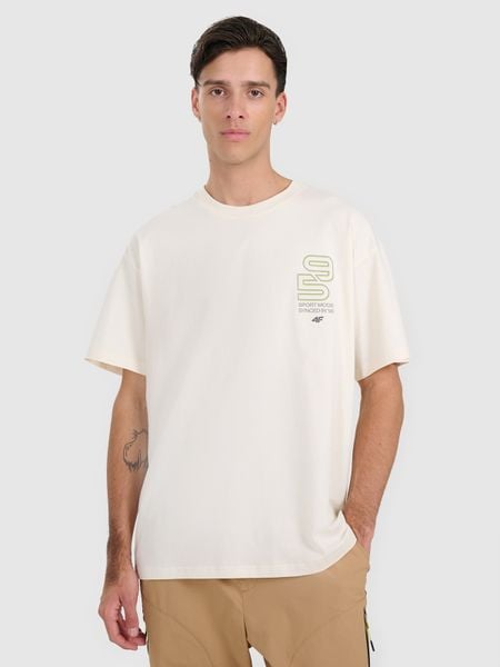4F T-shirt oversize z nadrukiem męski - biały L. Białe t-shirty 4F, l, bez wzorów, ze skóry, bez kołnierzyka, bez ramiączek. W wyprzedaży za 49.99 zł.