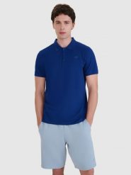 4F Koszulka polo regular męska - granatowa XXL. Niebieskie koszulki polo 4F, m, bez wzorów, z bawełny, bez kołnierzyka, bez ramiączek. W wyprzedaży za 59.99 zł.