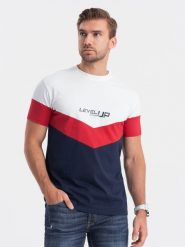 T-shirt męski bawełniany trójkolorowy z logo- granatowo-czerwony V5 S1747 - M. Czerwone t-shirty Ombre Clothing, m, bez wzorów, z bawełny, bez kołnierzyka, bez ramiączek. W wyprzedaży za 39.99 zł.