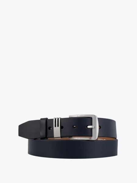 Granatowy pasek ze skóry licowej. Niebieskie paski Ryłko, bez wzorów, z denimu, eleganckie. Za 129.99 zł.