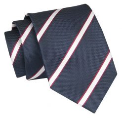 Krawat - ALTIES - Granatowy w Paski. Niebieskie krawaty i muchy Alties, bez wzorów, z tkaniny. Za 49.00 zł.