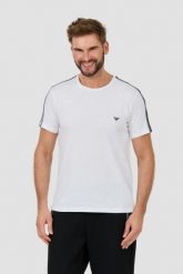 EMPORIO ARMANI Biały t-shirt bande logo. Białe t-shirty Emporio Armani, l, bez wzorów, bez kołnierzyka, bez ramiączek. W wyprzedaży za 221.99 zł.